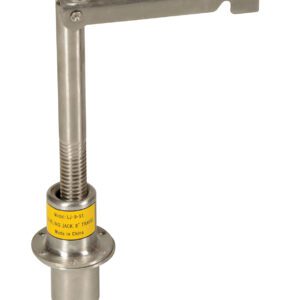 A stainless steel tool with a threaded rod and horizontal handle. The base has a label, Model: LJ-P 955 LEVELING JACK-O TRAVEL. Similar in design to the Vestil Leveling Jack Stainless Steel 18 In. Made in China and stands 18 inches tall.