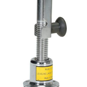 The Vestil Leveling Jack Polished Chrome 18 In features a threaded screw design with a yellow label, complemented by a black side handle and a round base for stability.