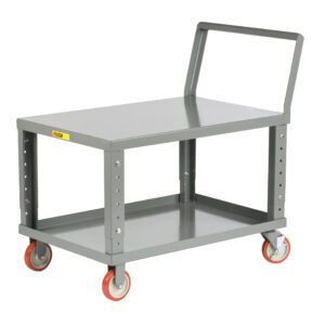 The Little Giant Ergonomic Adjustable Height Shelf Truck features adjustable-height shelves, a sturdy handle, and vibrant red caster wheels. This versatile cart is angled to display its spacious top and bottom shelves.