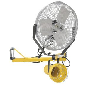 The Vestil Incandescent Dbl Arm, paired with a Strut Light 40 W/18 Fan, includes a yellow mounting bracket and large metal grill. With three blades and an enclosed motor housing, its perfect for heavy-duty wall or fixture use.