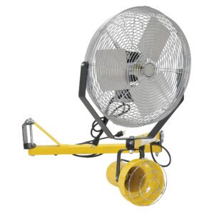 The Vestil Incandescent Double Arm, Strut 40 W/18Fan features a yellow industrial design with a large circular metal cage for its blades. Its mounted on an adjustable yellow bracket for directional control and has a 40W motor housing beneath.
