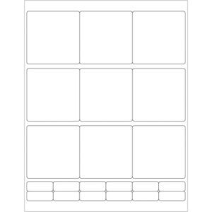 A white paper sheet simulating MH-USA 2 3/4 x 2 3/4 White Rectangle Laser Labels shows two rows of three large rectangles, a row of four smaller ones, and a bottom row with six tiny squares, resembling an empty label layout.