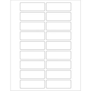 A sheet of MH-USA 3 x 1 white rectangle laser labels, featuring five columns and two per row, amounts to a total of 18 labels. Each label is separated by blank spaces against a crisp white background.