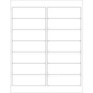 A white sheet with three columns and five rows of MH-USA 4 x 1 1/3 White Rectangle Laser Labels (14/Sheet) features 14 precision-spaced labels per sheet, each blank with finely outlined rounded corners.