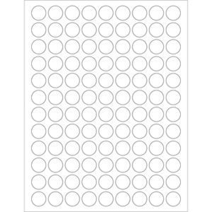 A grid of evenly spaced, identical empty circles in rows and columns on a white background, similar to MH-USA 3/4 White Circle Laser Labels - 108 Labels/Sheet (100/Box).