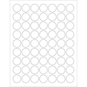 A sheet of MH-USA 1 White Circle Laser Labels includes 63 blank stickers, organized in a seven-column by ten-row grid on a white background, ideal for precise labeling.