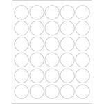 A 5x6 grid shows evenly spaced MH-USA 1.5 White Circle Laser Labels (30/Sheet) on a white background.