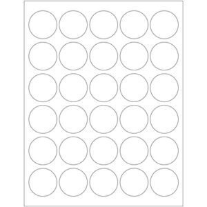 A 5x6 grid shows evenly spaced MH-USA 1.5 White Circle Laser Labels (30/Sheet) on a white background.
