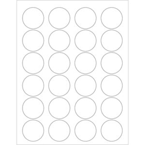 The MH-USA 1.625 white circle laser labels feature a grid of 24 evenly spaced, empty circles in four columns and six rows with black outlines on a white background, providing precision labeling. Each box contains 100 sheets.
