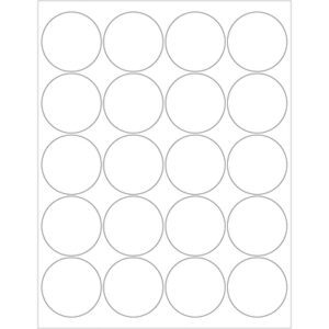 A sleek label sheet, the MH-USA 2 White Circle Laser Labels feature a grid of 20 circle outlines arranged in four rows and five columns on a white background.
