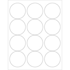 A grid showing MH-USA 2 1/2 White Circle Laser Labels - 12/Sheet, featuring twelve blank circular stickers in three columns and four rows on a clean white background.