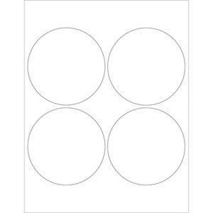 A sheet showcases four unfilled 4 white circle outlines in a 2x2 grid, resembling the minimalist design of MH-USA 4 White Circle Laser Labels (4/Sheet).