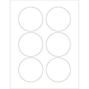 This illustration depicts a blank sheet with six evenly spaced circles in two columns and three rows, resembling the outline of MH-USA 3 White Circle Laser Labels, set against a clean white background.