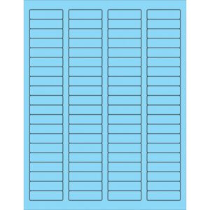 A sheet of MH-USA rectangular fluorescent pastel blue laser labels, 1 3/4 x 1/2 each, features a blue background and thin black outlines, arranged in seven columns with ten labels each, totaling 80 per sheet. Sold in boxes of 100 sheets.