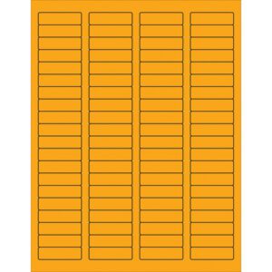 The MH-USA 1 3/4 x 1/2 fluorescent orange rectangle laser labels, with 80 labels per sheet, are perfectly aligned in three columns. Each box includes 100 sheets, providing you with a generous supply for your labeling needs.
