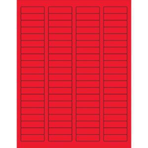 The MH-USA 1 3/4 x 1/2 Fluorescent Red Rectangle Laser Labels feature rounded corners and are arranged in three columns with 80 evenly spaced labels per sheet, packaged in boxes of 100 sheets.