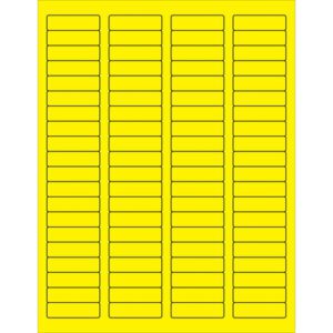 A sheet of MH-USA 1 3/4 x 1/2 fluorescent yellow rectangle laser labels features five columns and fourteen rows, totaling seventy labels with thin black borders, ideal for precise organizing and labeling.