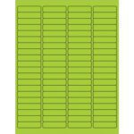 The MH-USA 1 15/16 x 1/2 Fluorescent Green Rectangle Laser Labels feature rounded corners, arranged in an 8x10 grid per sheet, offering 80 vibrant labels per sheet and sold in boxes of 100 sheets.