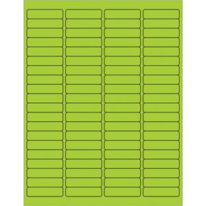 The MH-USA 1 15/16 x 1/2 Fluorescent Green Rectangle Laser Labels feature rounded corners, arranged in an 8x10 grid per sheet, offering 80 vibrant labels per sheet and sold in boxes of 100 sheets.