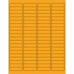 The MH-USA 1 15/16 x 1/2 fluorescent orange rectangle laser labels offer a vibrant design, arranged in columns and rows. Each sheet has 80 labels, and boxes contain 100 sheets—ideal for all your labeling needs.