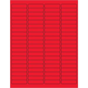 The MH-USA 1 15/16 x 1/2 fluorescent red rectangle laser labels come in a grid pattern with bordered, evenly spaced labels, featuring 80 labels per sheet and packaged in a box of 100 sheets.