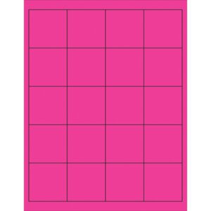 The vibrant grid showcases MH-USAs fluorescent pink 2x2 rectangle laser labels, outlined in black, with five rows and four columns. Each box contains 100 sheets with 20 labels per sheet, ensuring comprehensive coverage for your labeling needs.