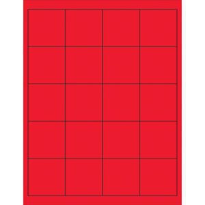 A red grid of four columns and five rows forms twenty equal squares outlined in black, resembling the MH-USA 2 x 2 Fluorescent Red Rectangle Laser Labels - 20 Labels/Sheet (100 Sheets/Box).