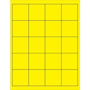 A 4x4 grid of yellow squares with black outlines, resembling MH-USA 2 x 2 Fluorescent Yellow Rectangle Laser Labels, is enclosed by a thicker yellow border.