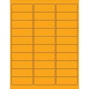 A sheet of MH-USA 2 5/8 x 1 fluorescent orange rectangle laser labels arranged in a 3 by 10 grid, totaling 30 labels per sheet.