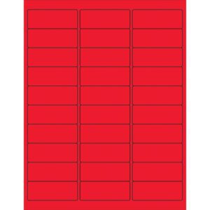 This sheet contains MH-USA 2 5/8 x 1 Fluorescent Red Rectangle Laser Labels (30/Sheet) arranged in a 5 by 7 grid.