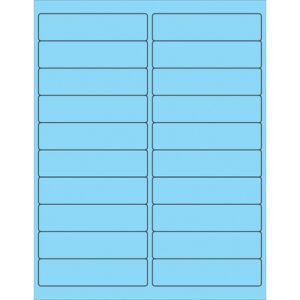 The MH-USA 4 x 1 Fluorescent Pastel Blue Rectangle Laser Labels have rounded edges, arranged in four columns and five rows. Each sheet contains 20 evenly spaced labels. They come in boxes of 100 sheets for comprehensive labeling needs.