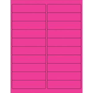The MH-USA 4 x 1 Fluorescent Pink Rectangle Laser Labels come with 20 labels per sheet, formatted in five columns and four rows with rounded corners and thin white lines, totaling 100 sheets per box for comprehensive labeling needs.