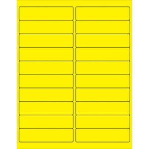 A yellow rectangular sheet with 20 evenly spaced, rounded-corner labels is similar to the MH-USA 4 x 1 Fluorescent Yellow Rectangle Laser Labels available in boxes containing 100 sheets each.