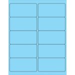 A sheet displays a grid of ten MH-USA 4 x 2 fluorescent pastel blue rectangle laser labels, in two columns and five rows. Each label has a thin black border and is evenly spaced against the light blue background.
