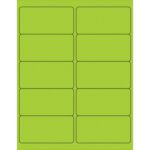 A sheet of MH-USA 4 x 2 fluorescent green rectangle laser labels includes 10 labels, organized into two columns and five rows. Each label has rounded corners with thin black outlines on a white background.