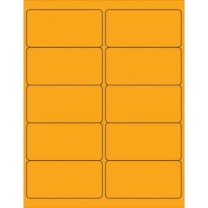 The MH-USA 4 x 2 Fluorescent Orange Rectangle Laser Labels come in sheets with 10 labels, organized in two columns and five rows. Each label is highlighted with a thin black outline and evenly distributed on the orange sheet.