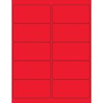 The 10 MH-USA 4 x 2 Fluorescent Red Rectangle Laser Labels are arranged in two columns and five rows per sheet, with vibrant labels outlined in black on a white background.