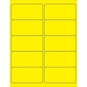 The MH-USA 4 x 2 fluorescent yellow rectangle laser labels have rounded corners, arranged in a grid of 2 columns and 5 rows, with 10 labels per sheet.
