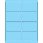 The MH-USA 4 x 2.5 fluorescent pastel blue laser labels, with rounded corners, are arranged in two columns and four rows against a slightly darker blue background, totaling eight labels per sheet.