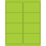 The MH-USA 4 x 2 1/2 fluorescent green rectangle laser labels come in sheets with eight labels each, arranged in two columns and four rows. Each label has rounded edges and is separated by thin black lines.
