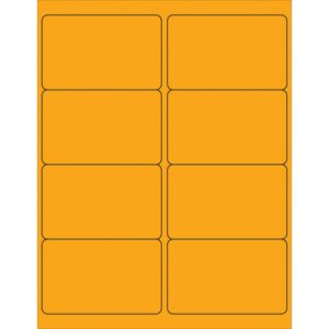 The MH-USA 4 x 2 1/2 Fluorescent Orange Rectangle Laser Labels, featuring eight labels per sheet with rounded corners and black outlines, come in two columns and four rows. Ideal for high-visibility needs, they are packaged as 100 sheets per box.