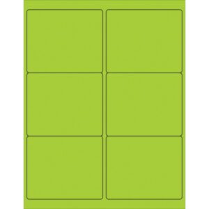 The MH-USA 4 x 3 1/3 fluorescent green rectangle laser labels are organized in two columns and three rows per sheet. Their thin black outline enhances their visibility against white backgrounds. Ideal for labeling, each box contains 100 sheets with six labels per sheet.