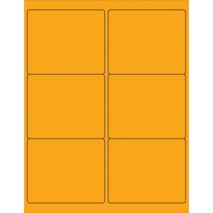The MH-USA 4 x 3 1/3 fluorescent orange rectangle laser labels come in six labels per sheet, organized in two columns and three rows with a thin outline, ideal for vibrant labeling. Each box includes 100 sheets.