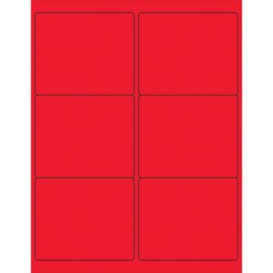 A sheet of MH-USA 4 x 3 1/3 fluorescent red rectangle laser labels features six vibrantly colored labels arranged in two columns and three rows.