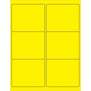 A grid of MH-USA 4 x 3 1/3 fluorescent yellow rectangle labels on a white background, arranged in two columns and three rows with rounded corners, offering vibrant appeal. Each sheet has six labels and is perfect for laser printing.