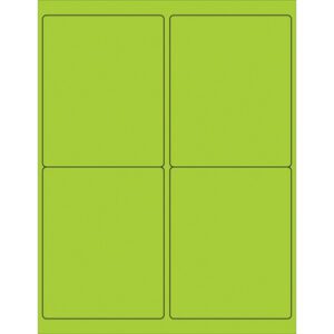 The MH-USA 4 x 5 Fluorescent Green Rectangle Laser Labels feature four evenly spaced black-outlined labels on a green sheet.