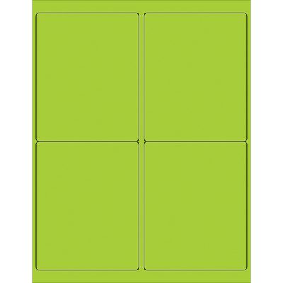LL181GN.jpg The MH-USA 4 x 5 Fluorescent Green Rectangle Laser Labels feature four evenly spaced black-outlined labels on a green sheet.