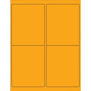 A sheet includes four MH-USA 4 x 5 Fluorescent Orange Rectangle Laser Labels with rounded corners, arranged in a two-by-two grid and outlined with thin black lines.