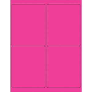 Bright pink sheet with MH-USA 4 x 5 Fluorescent Pink Rectangle Laser Labels (4/Sheet), outlined in slightly darker pink.