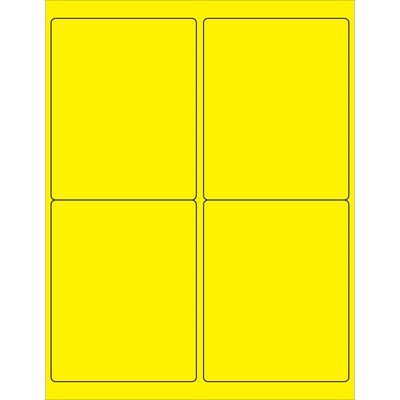 LL181YE.jpg Each MH-USA 4 x 5 Fluorescent Yellow Rectangle Laser Label sheet features four labels bordered with a thin black outline, arranged in a tidy 2x2 grid.